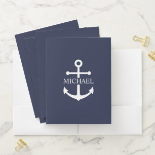 Nautical Navy Blue Anchor Personalized Name Pocket Folder