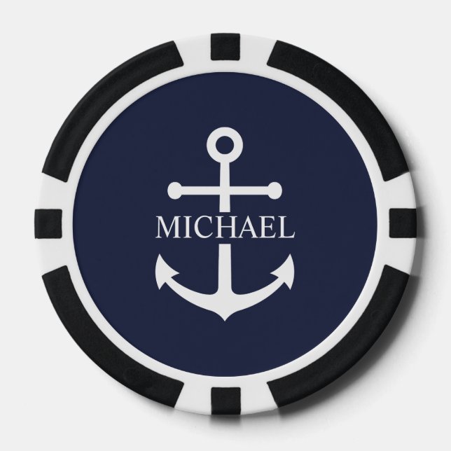 Nautical Navy Blue Anchor Personalized Name Poker Chips (Front)