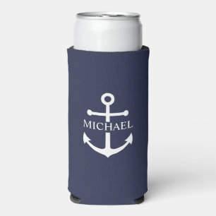 Nautical Navy Blue Anchor Personalized Name Seltzer Can Cooler