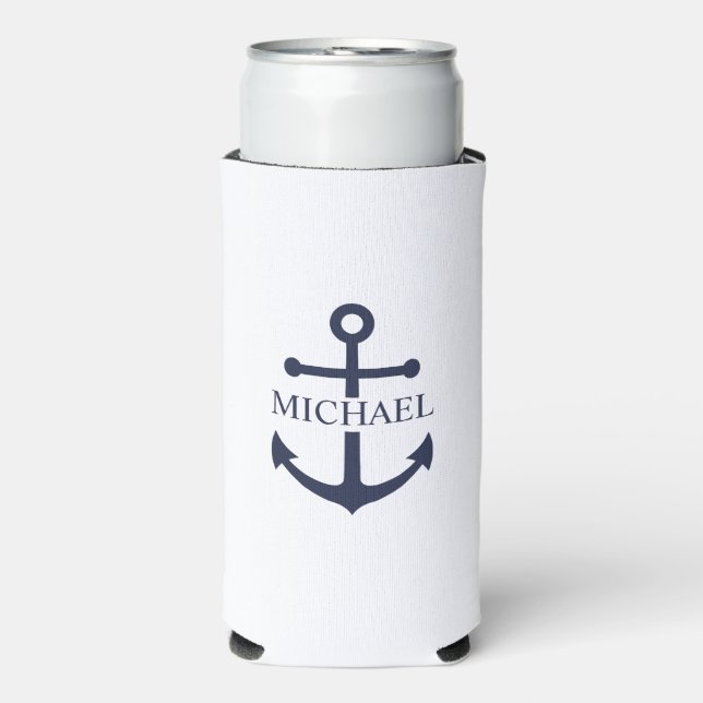 Nautical Navy Blue Anchor Personalized Name Seltzer Can Cooler (Seltzer Front)