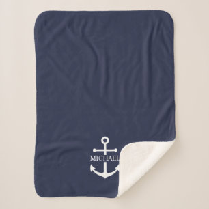 Nautical Navy Blue Anchor Personalized Name Sherpa Blanket