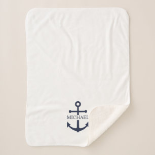 Nautical Navy Blue Anchor Personalized Name Sherpa Blanket