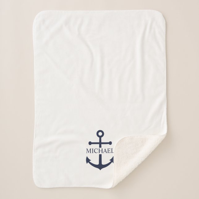 Nautical Navy Blue Anchor Personalized Name Sherpa Blanket (Front)