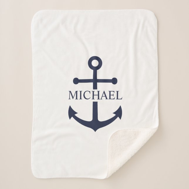Nautical Navy Blue Anchor Personalized Name Sherpa Blanket (Front)