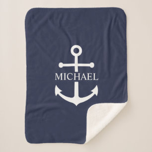 Nautical Navy Blue Anchor Personalized Name Sherpa Blanket