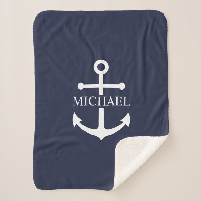 Nautical Navy Blue Anchor Personalized Name Sherpa Blanket (Front)