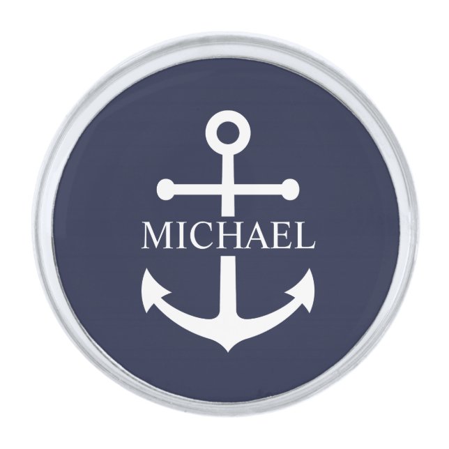 Nautical Navy Blue Anchor Personalized Name Silver Finish Lapel Pin (Front)