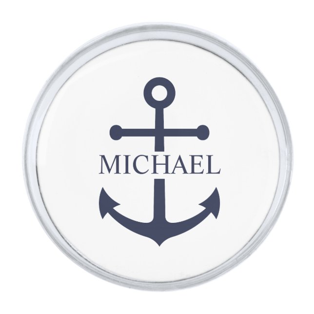 Nautical Navy Blue Anchor Personalized Name Silver Finish Lapel Pin (Front)