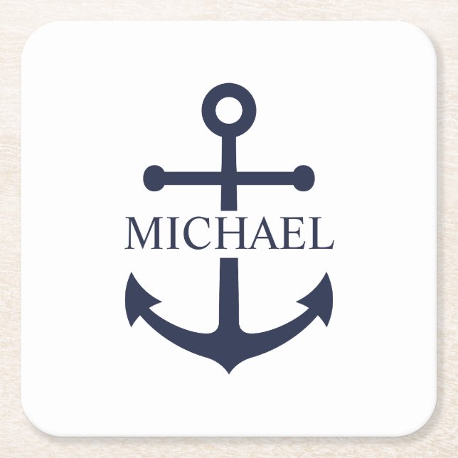 Nautical Navy Blue Anchor Personalized Name Square Paper Coaster (Front)