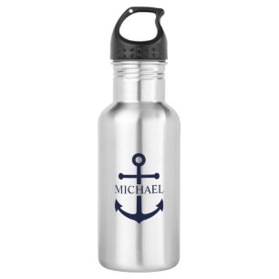 Nautical Navy Blue Anchor Personalized Name Stainless Steel Water Bottle