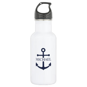 Nautical Navy Blue Anchor Personalized Name Stainless Steel Water Bottle