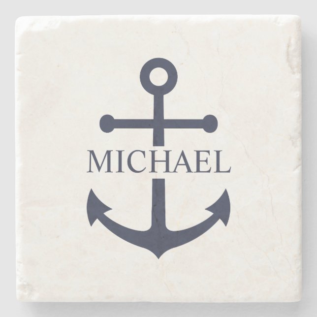 Nautical Navy Blue Anchor Personalized Name Stone Coaster (Front)