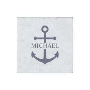 Nautical Navy Blue Anchor Personalized Name Stone Magnet