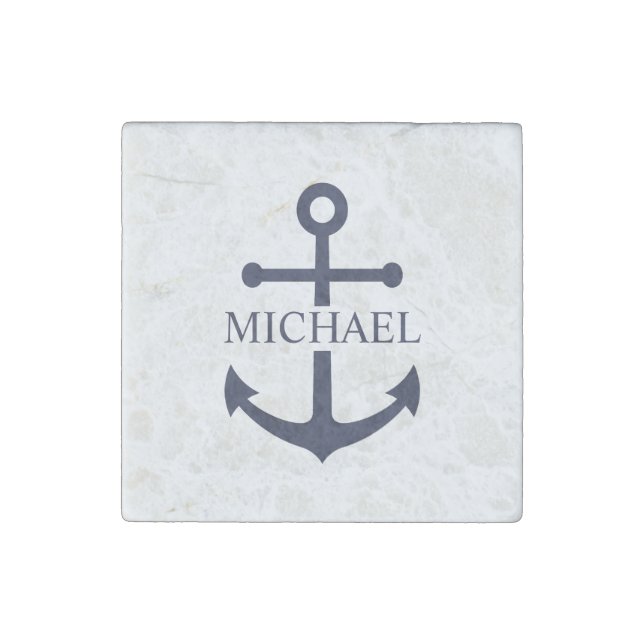Nautical Navy Blue Anchor Personalized Name Stone Magnet (Front)