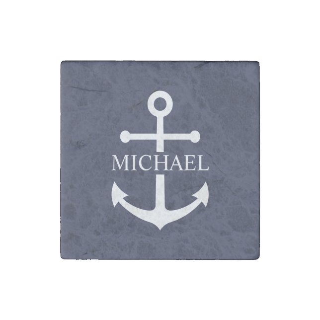 Nautical Navy Blue Anchor Personalized Name Stone Magnet (Front)
