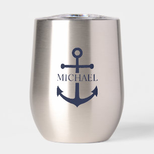 Nautical Navy Blue Anchor Personalized Name Thermal Wine Tumbler