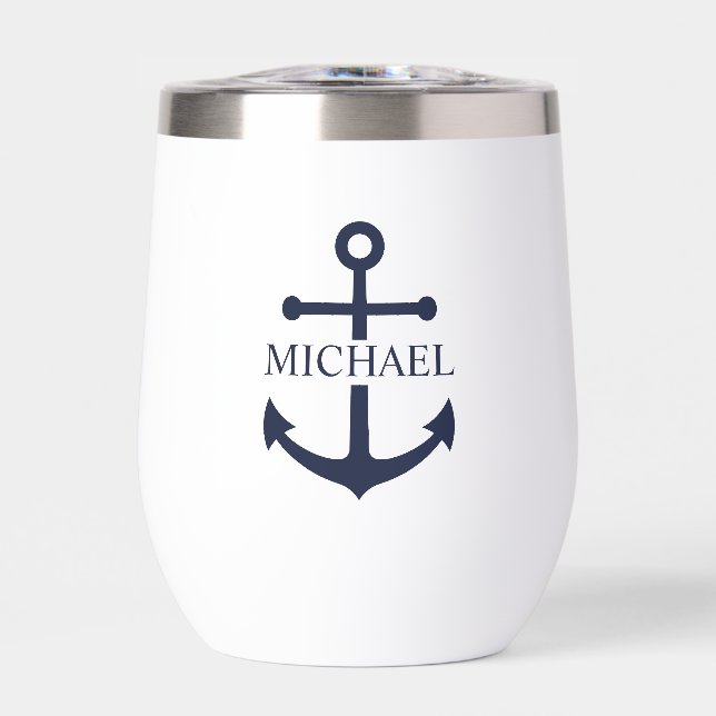 Nautical Navy Blue Anchor Personalized Name Thermal Wine Tumbler (Front)