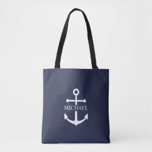 Nautical Navy Blue Anchor Personalized Name Tote Bag
