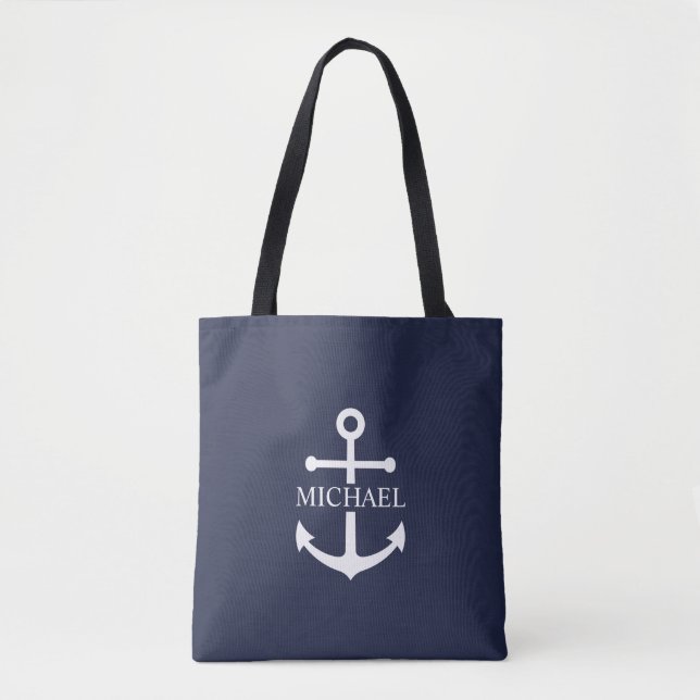 Nautical Navy Blue Anchor Personalized Name Tote Bag (Front)