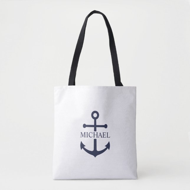 Nautical Navy Blue Anchor Personalized Name Tote Bag (Front)