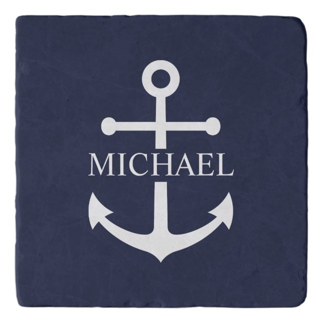 Nautical Navy Blue Anchor Personalized Name Trivet (Front)