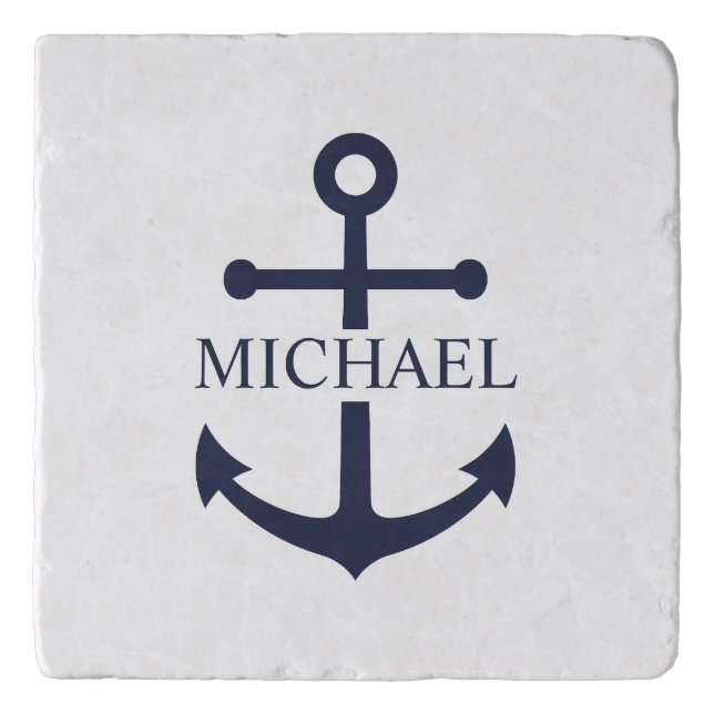 Nautical Navy Blue Anchor Personalized Name Trivet (Front)