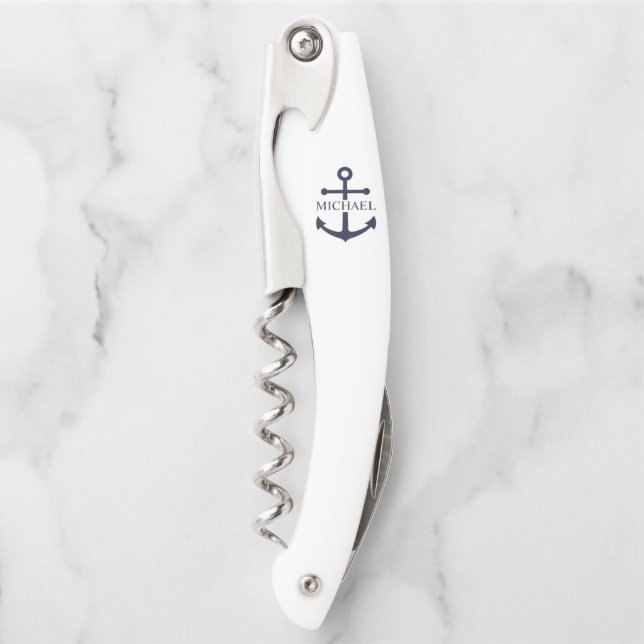 Nautical Navy Blue Anchor Personalized Name Waiter's Corkscrew (Front)