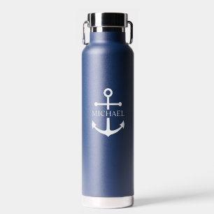 Nautical Navy Blue Anchor Personalized Name Water Bottle