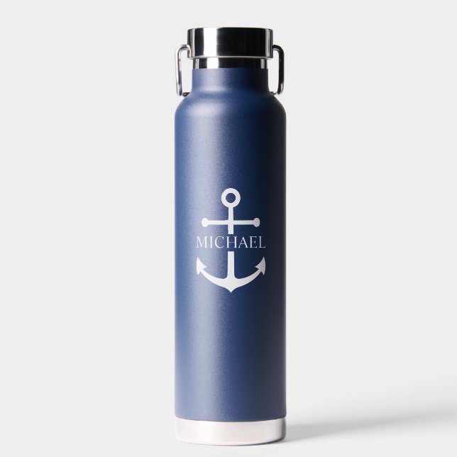 Nautical Navy Blue Anchor Personalized Name Water Bottle (Front)