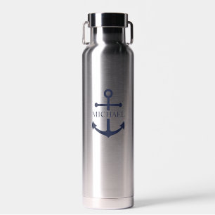 Nautical Navy Blue Anchor Personalized Name Water Bottle