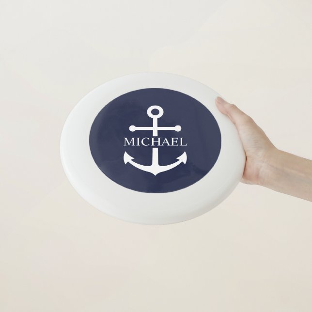 Nautical Navy Blue Anchor Personalized Name Wham-O Frisbee (In Hand)