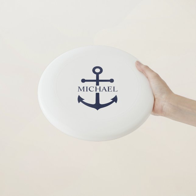 Nautical Navy Blue Anchor Personalized Name Wham-O Frisbee (In Hand)