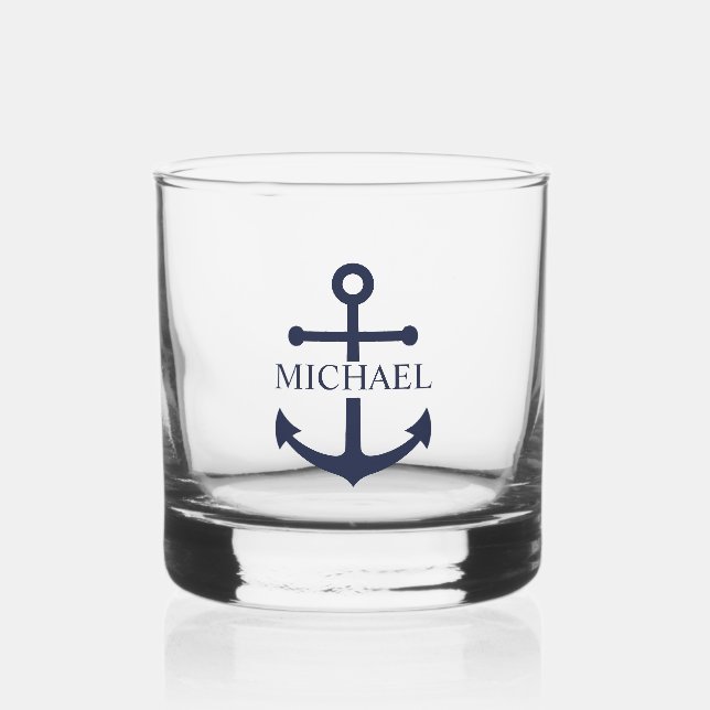 Nautical Navy Blue Anchor Personalized Name Whiskey Glass (Front)