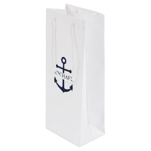 Nautical Navy Blue Anchor Personalized Name Wine Gift Bag