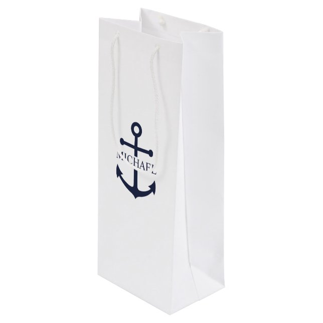 Nautical Navy Blue Anchor Personalized Name Wine Gift Bag (Front Angled)