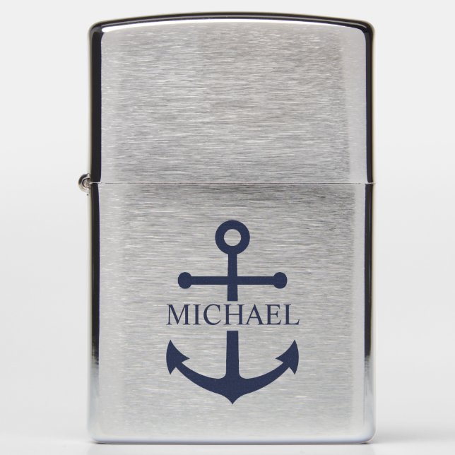 Nautical Navy Blue Anchor Personalized Name Zippo Lighter (Front)