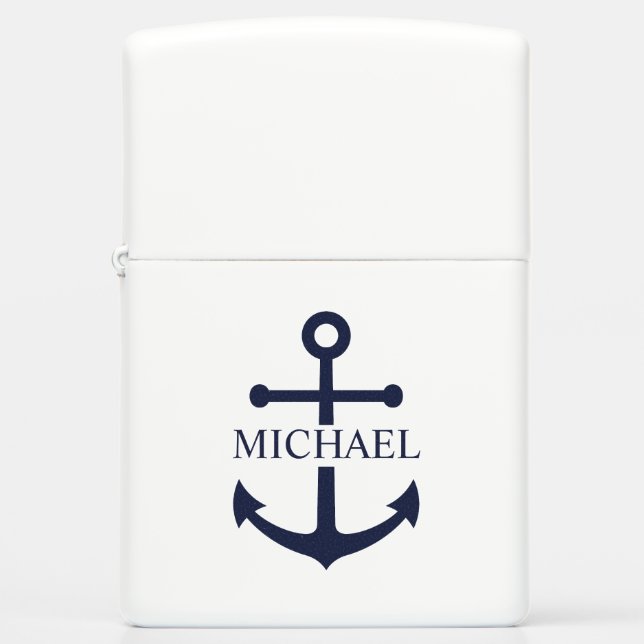 Nautical Navy Blue Anchor Personalized Name Zippo Lighter (Front)