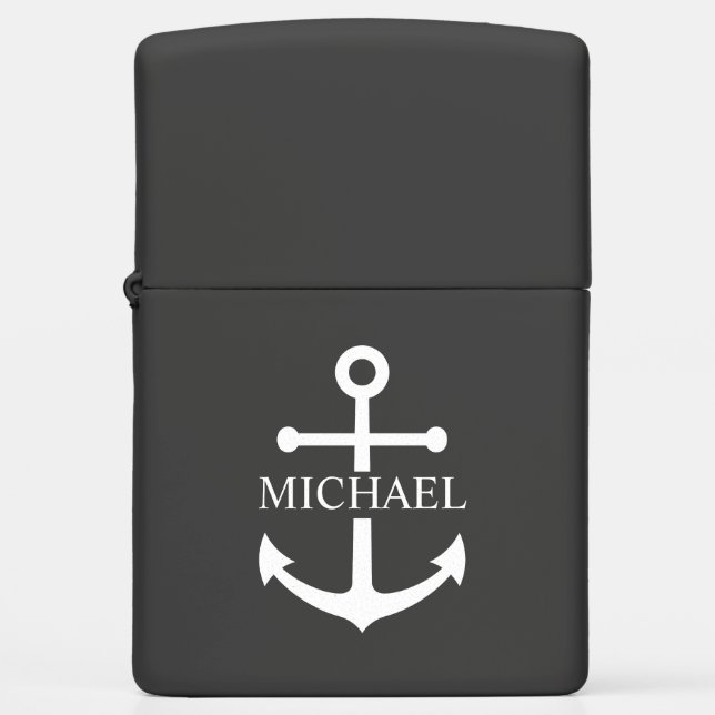 Nautical Navy Blue Anchor Personalized Name Zippo Lighter (Front)