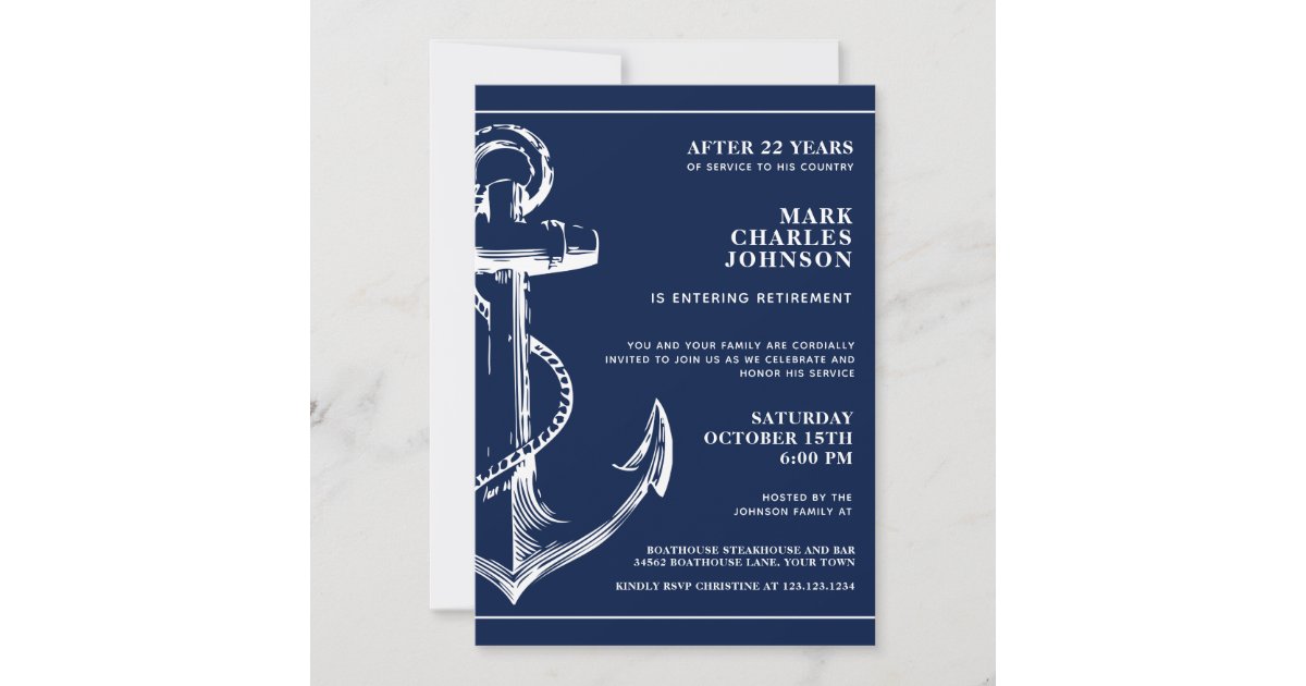 Nautical Navy Blue Anchor Retirement Invitation Zazzle