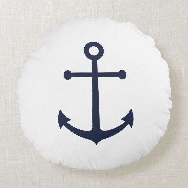 Nautical Navy Blue Anchor Round Pillow (Front)