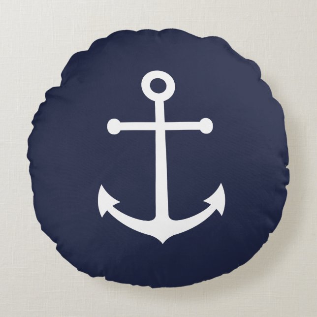 Nautical Navy Blue Anchor Round Pillow (Front)