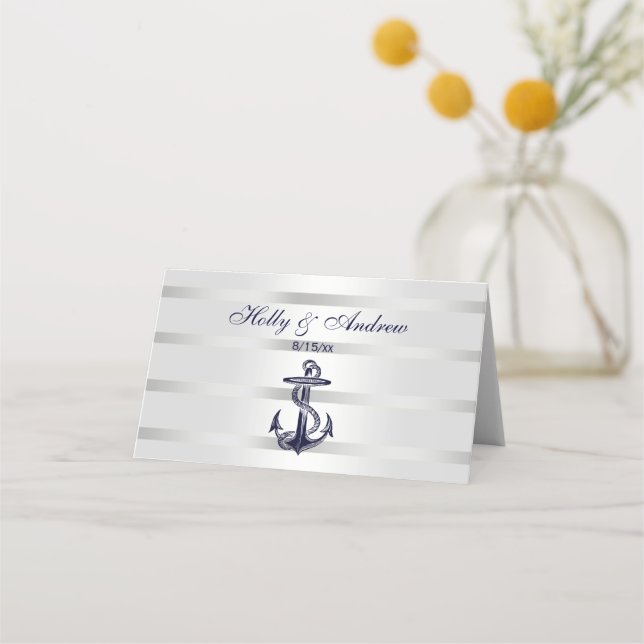 Nautical Navy Blue Anchor Silver White Place Card (Front)