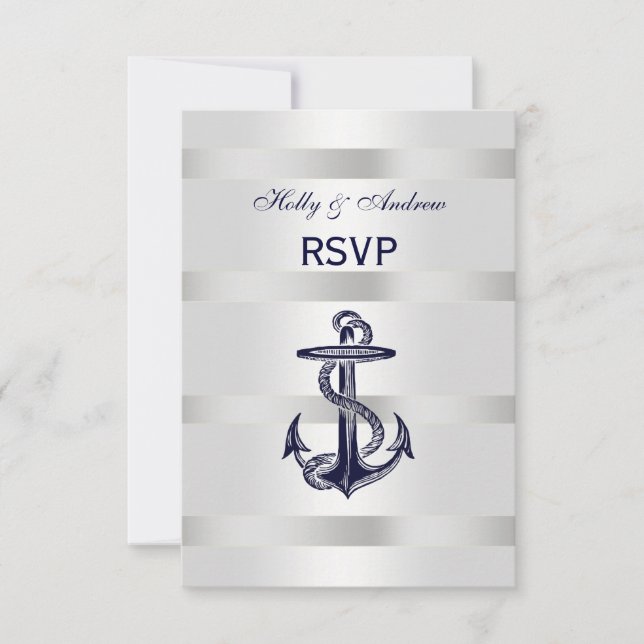 Nautical Navy Blue Anchor Silver White V RSVP Menu (Front)