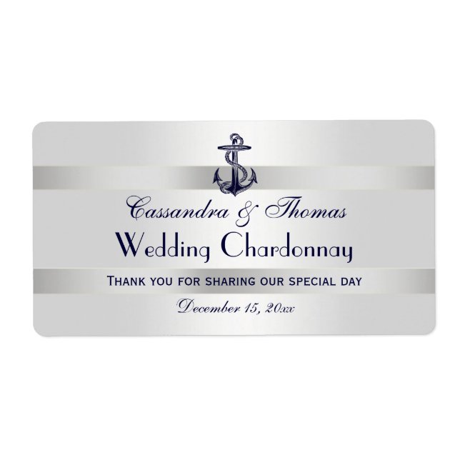Nautical Navy Blue Anchor Silver Wht H Wine Bottle Label (Front)