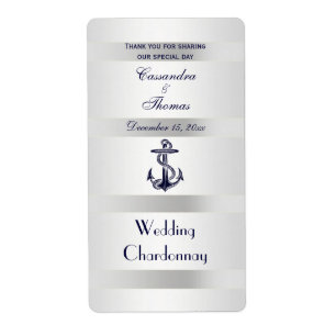 Nautical Navy Blue Anchor Silver Wht V Wine Bottle Label