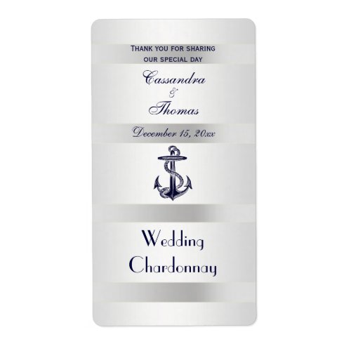 Nautical Navy Blue Anchor Silver Wht V Wine Bottle Label