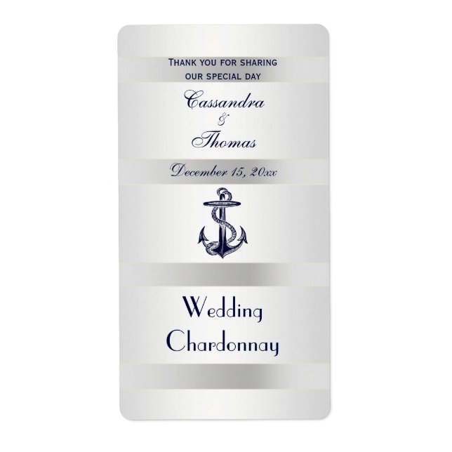 Nautical Navy Blue Anchor Silver Wht V Wine Bottle Label (Front)