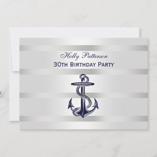 Nautical Navy Blue Anchor Silver Wt BG H Birthday Custom Invitation