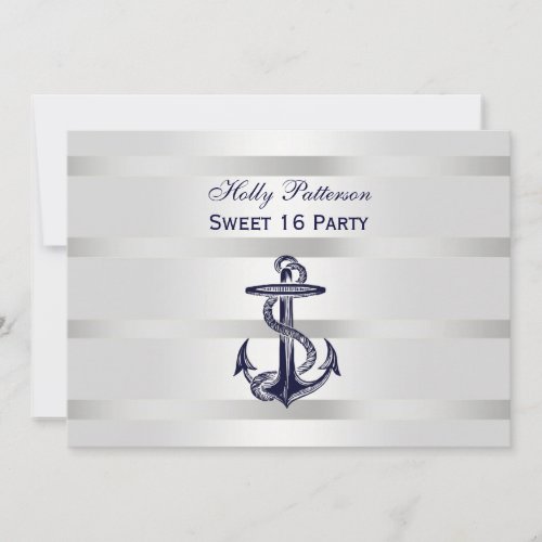 Nautical Navy Blue Anchor Silver Wt BG H Sweet 16 Invitation