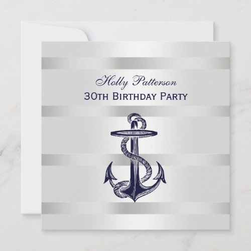 Nautical Navy Blue Anchor Silver Wt BG SQ Birthday Invitation